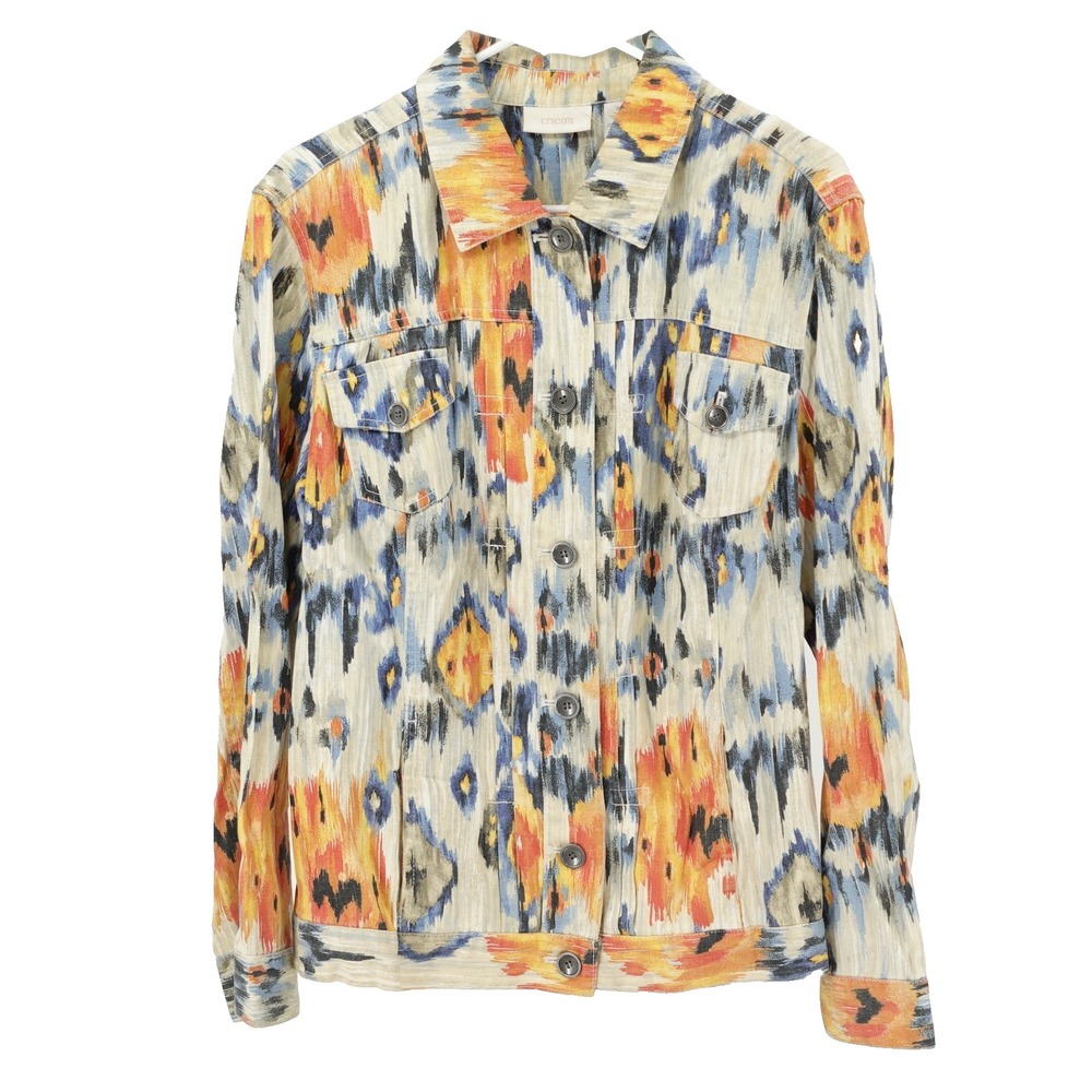 Chicos Button Up Jacket SZ 3 US XL/16 Linen Blend Southwestern Maximalist Casual